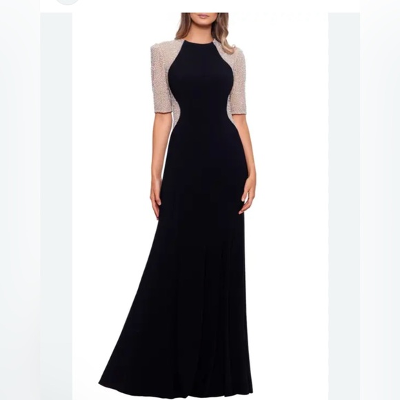 Xscape evening gown black nude mesh is embellished with silver beads size 14P - Picture 1 of 11